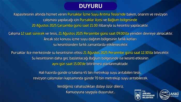 ASKİ'den Pursaklar ve Bağlum için zorunlu su kesintisi açıklaması!