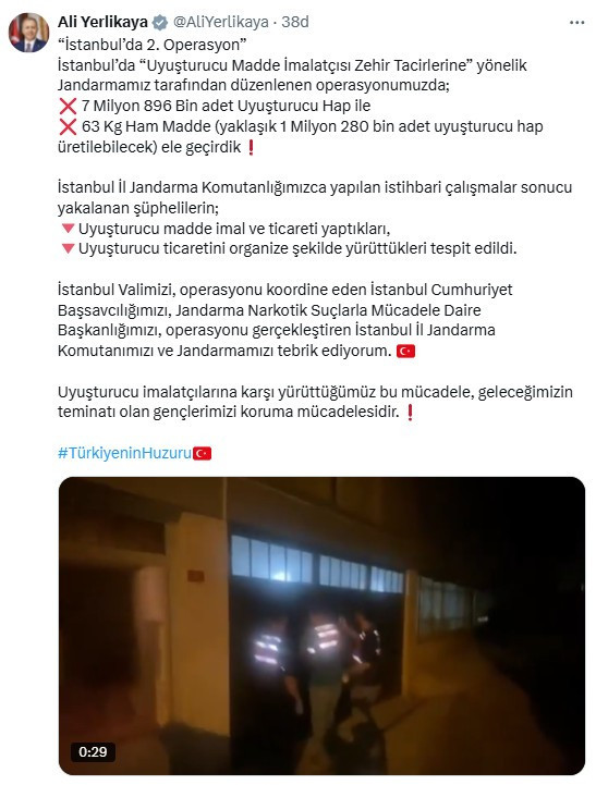 Bakan Yerlikaya,  yasaklı madde operasyonunda 63 kilogramlık ham maddenin ele geçirildiğini açıkladı