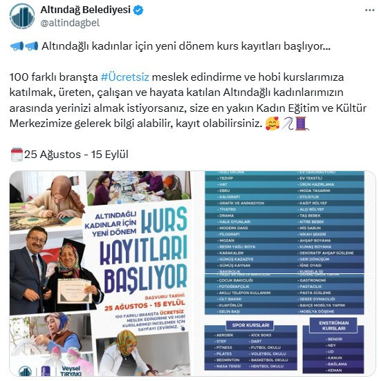 Altındağ Belediyesi'nden kadınlar için yeni dönem kurs kayıtları duyurusu!