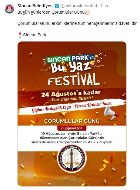 Sincan Belediyesi Memleket Günleri'ne devam ediyor: Çorumlular Günü düzenlenecek