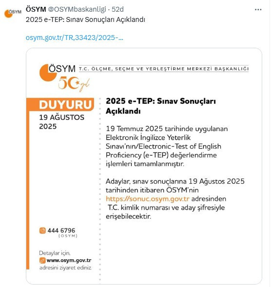 ÖSYM e-TEP sonuçlarının açıklandığını duyurdu