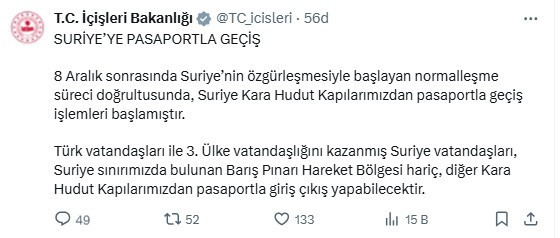 İçişleri Bakanlığı duyurdu! Türk vatandaşları Suriye'ye pasaportla girebilecek