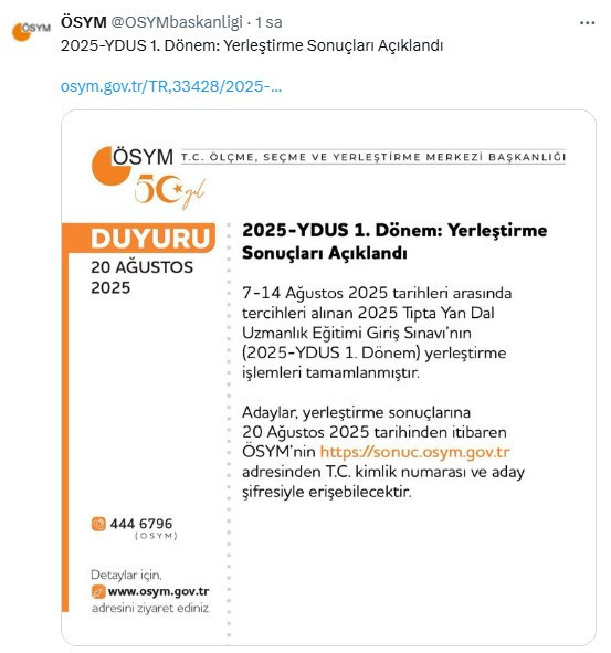 ÖSYM, YDUS 1. dönem yerleştirme sonuçlarının açıklandığını duyurdu