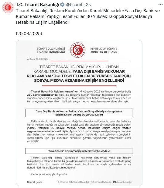 Yasa dışı bahis ve kumar reklamı yapan hesaplara erişim engeli kararı!