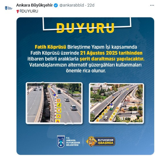 Keçiören Fatih Köprüsü'nü kullanacaklar dikkat: 21 Ağustos'ta çalışma başlıyor