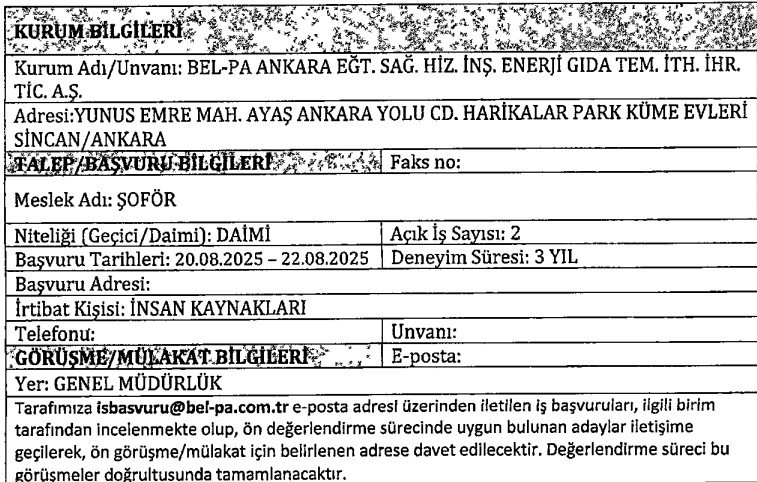Bel-Pa Ankara 40 yaş altı daimi şoför alımı yapacak