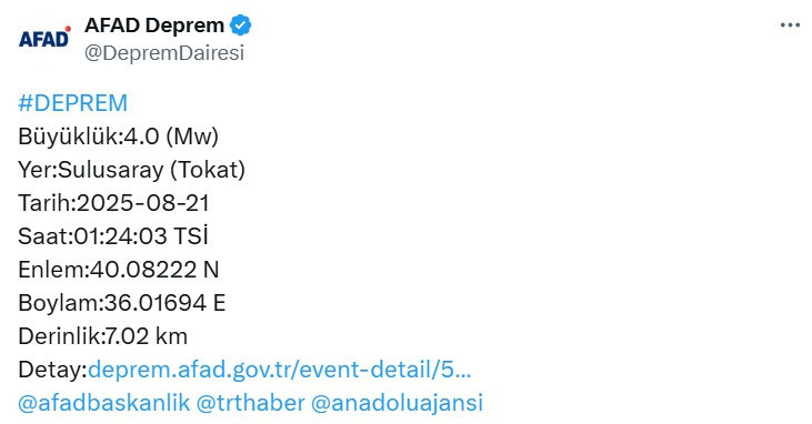 AFAD, Tokat Sulusaray'da deprem olduğunu açıkladı!