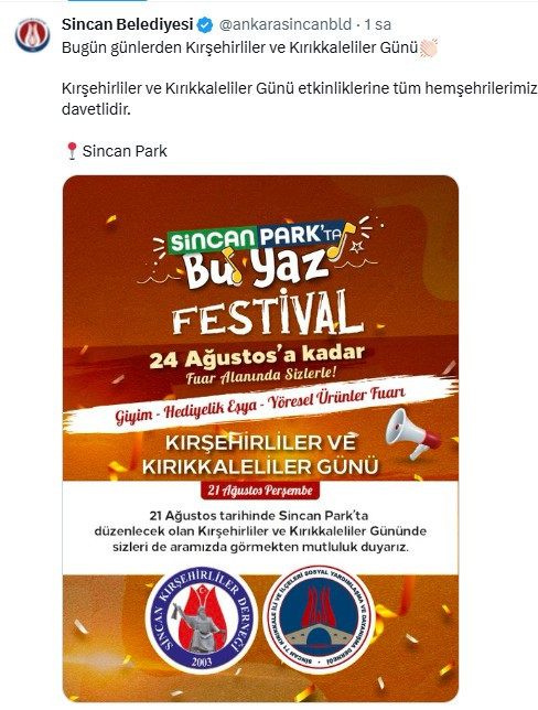 Sincan Belediyesi'nin Memleket Günleri'nde sona doğru: Kırşehirliler ve Kırıkkaleliler Günü düzenlenecek