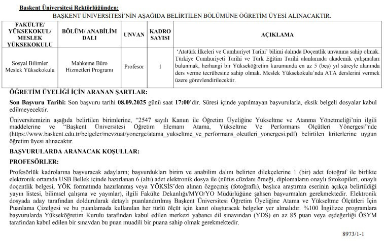 Başkent Üniversitesi, Öğretim Üyesi alım ilanı yayımladı