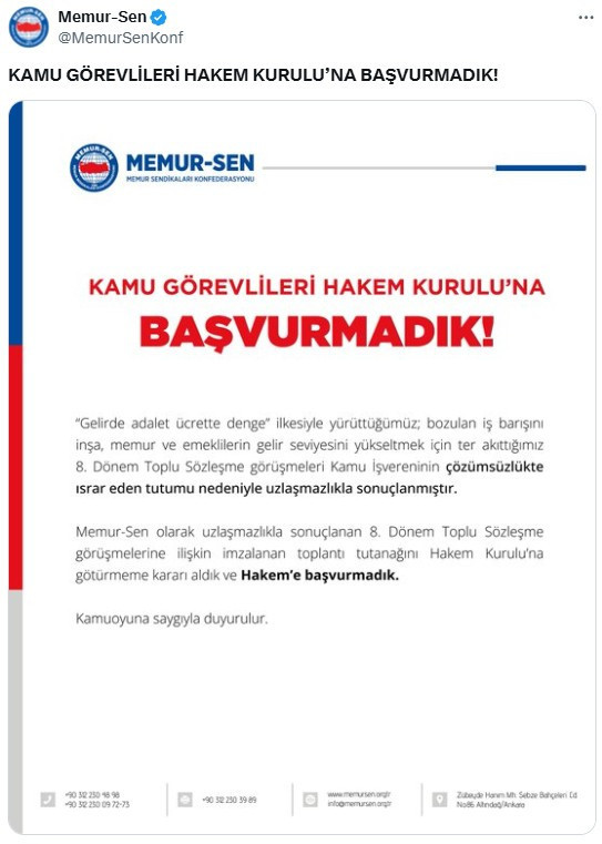 Memur-Sen Hakem Heyeti'ne başvurmadığını açıkladı!