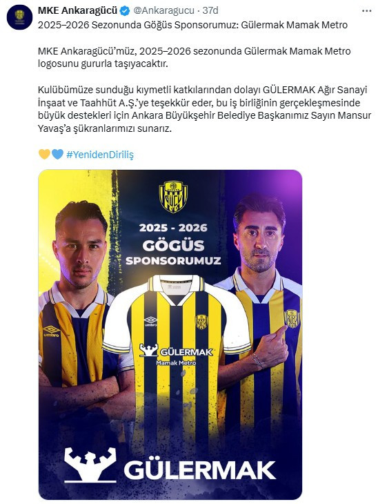 Haber Ankara gündeme getirmişti: Ankaragücü’nün yeni sezonda göğüs sponsoru Gülermak Mamak Metro oldu