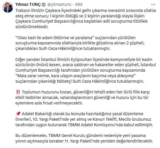 Bakan Tunç duyurdu! Havaya ateş açan ve trafikte yol kesenin cezası artıyor!