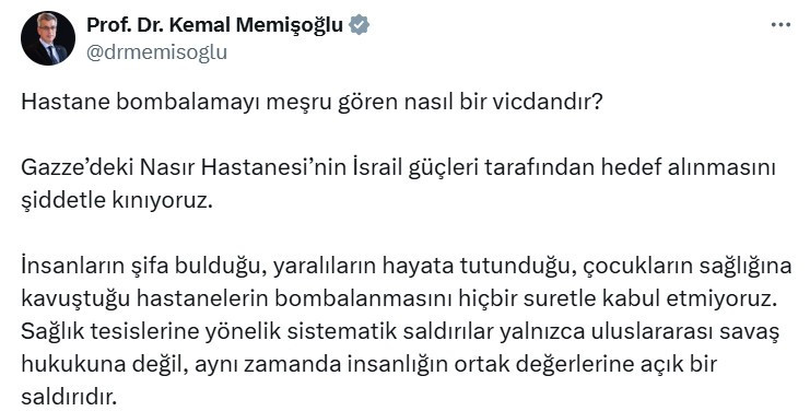 Sağlık Bakanı Kemal Memişoğlu'ndan hastane bombalayan İsrail'e tepki