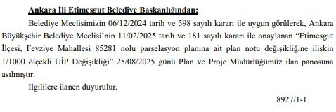 Etimesgut Belediyesinden imar planı değişikliği duyurusu!