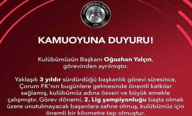 Çorum FK Başkanı Oğuzhan Yalçın görevi bıraktı