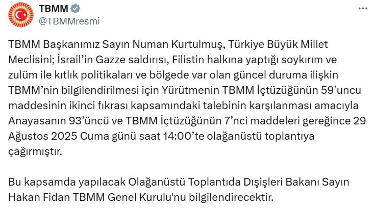 Numan Kurtulmuş TBMM'yi olağanüstü toplantıya çağırdı