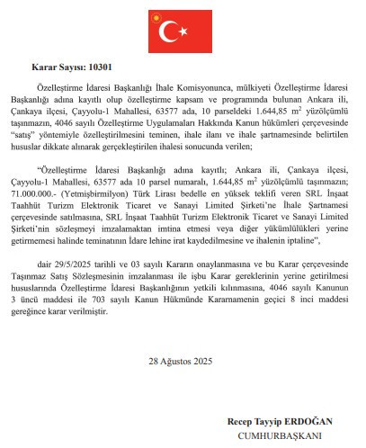 Çankaya ve Yenimahalle'de 3 taşınmaz Cumhurbaşkanı Erdoğan'ın onayıyla özelleştirildi - Resim : 3