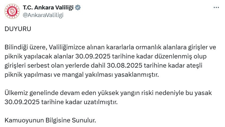 Ankara'da ateşli piknik yapılması ve mangal yakılması yasağı 30 Eylül'e kadar uzatıldı
