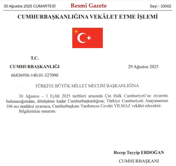 Cumhurbaşkanı Erdoğan'a 30 Ağustos - 1 Eylül arası Cevdet Yılmaz vekalet edecek