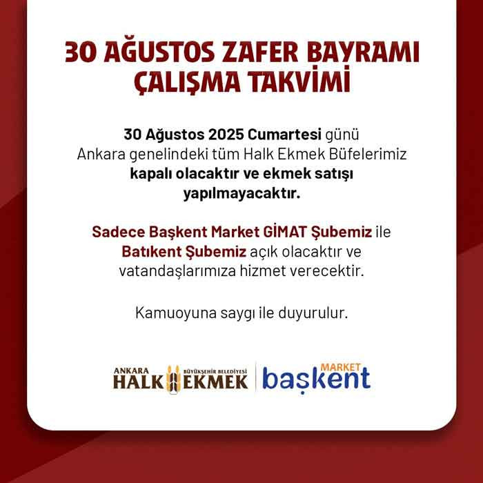 ABB duyurdu: Ankara Halk Ekmek bugün açık mı, 30 Ağustos'ta çalışıyor mu?