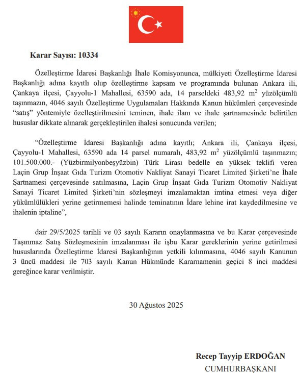 Cumhurbaşkanı Erdoğan'ın onayıyla Çankaya'da 2 adet taşınmaz özelleştirildi