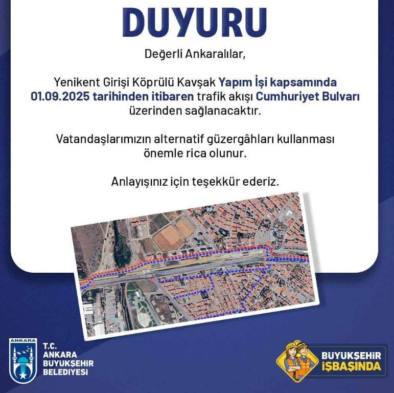 ABB'den Yenikent Girişi Köprülü Kavşak yapımı için kapanacak yol uyarısı!