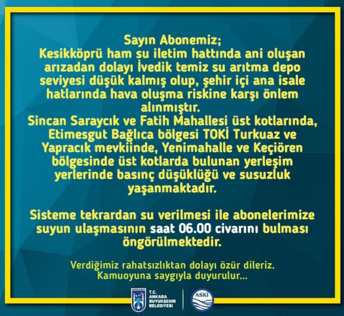 ASKİ'den su kesintisi duyurusu! 4 ilçede bazı bölgeler etkileniyor!
