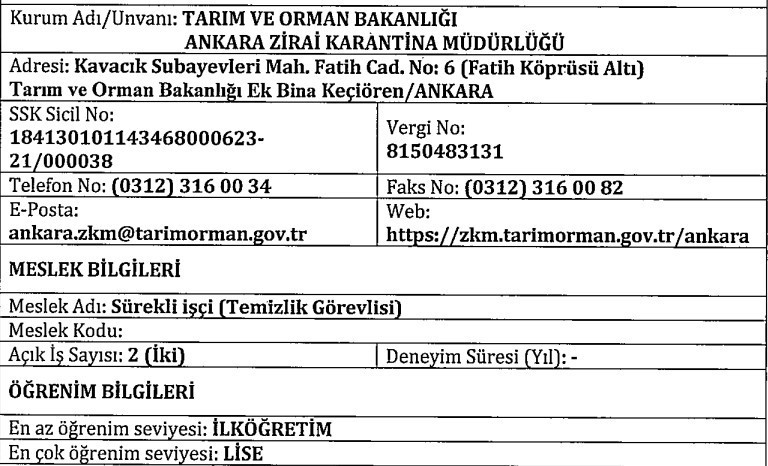 Tarım ve Orman Bakanlığı Ankara’da temizlik görevlisi alıyor