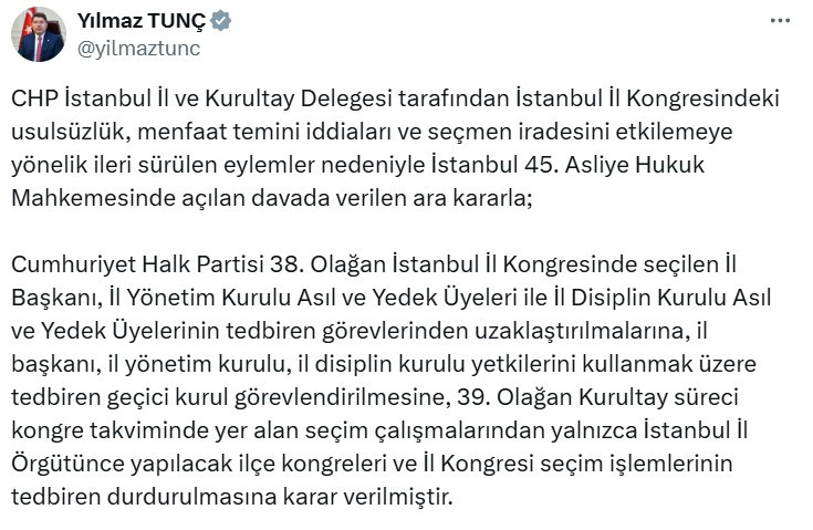 Bakan Yılmaz Tunç'tan CHP İstanbul İl Yönetiminin görevden alınmasına dair açıklama
