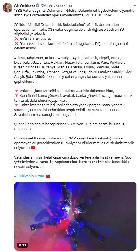 Ankara dahil 29 ilde dolandırıcılık operasyonunda 64 kişi tutuklandı