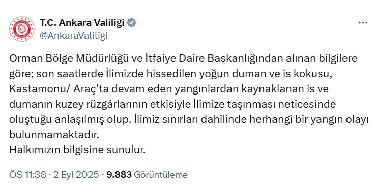 Ankara Valiliği havadaki duman kokusunun nedenini açıkladı