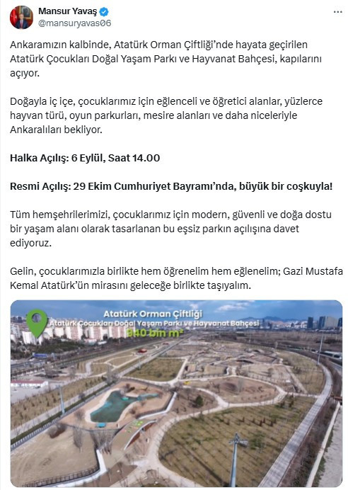 Başkan Yavaş duyurdu! Atatürk Çocukları Doğal Yaşam Parkı ve Hayvanat Bahçesi açılıyor