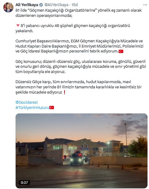 Bakan Yerlikaya: Düzensiz göç operasyonlarında 46 şüpheli yakalandı
