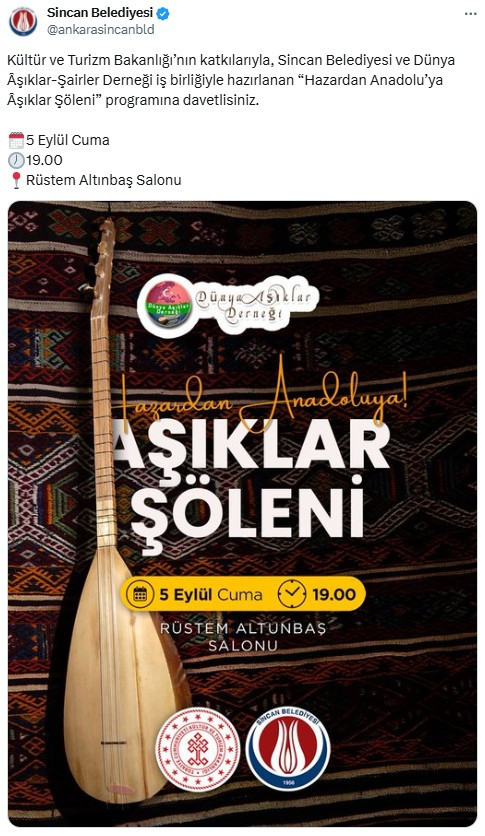 Sincan Belediyesi Hazardan Anadolu'ya Aşıklar Şöleni programı düzenleyecek