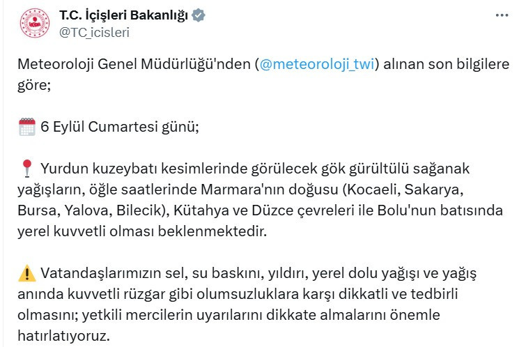 İçişleri Bakanlığı'ndan 8 il için sarı kodlu uyarı!