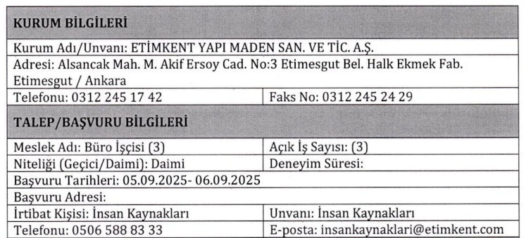 Etimesgut Belediyesi'ne bağlı ETİMKENT büro işçileri alacak