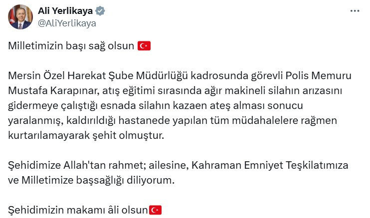 İçişleri Bakanı Ali Yerlikaya acı haberi duyurdu: Özel Harekat polisi şehit oldu