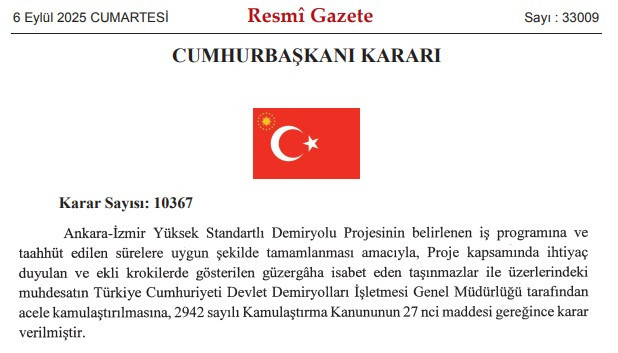 Ankara - İzmir YHT Hattı'nın yapımı için acele kamulaştırma kararı