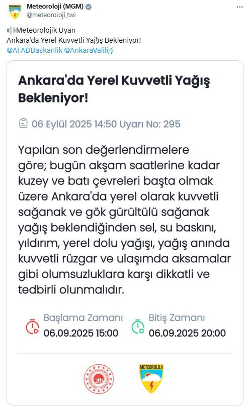 Meteoroloji'den Ankara için yerel kuvvetli yağış uyarısı!