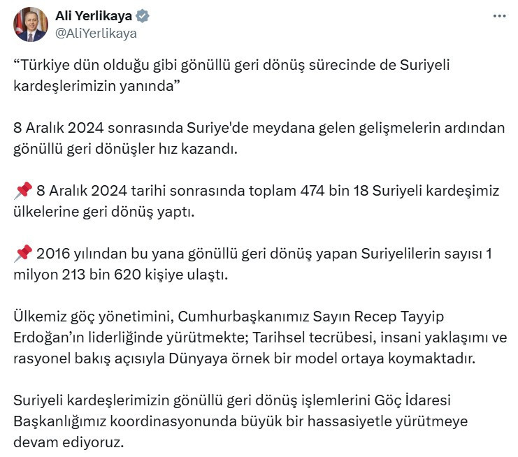 Bakan Ali Yerlikaya ülkelerine geri dönen Suriyelilerin rakamlarını açıkladı
