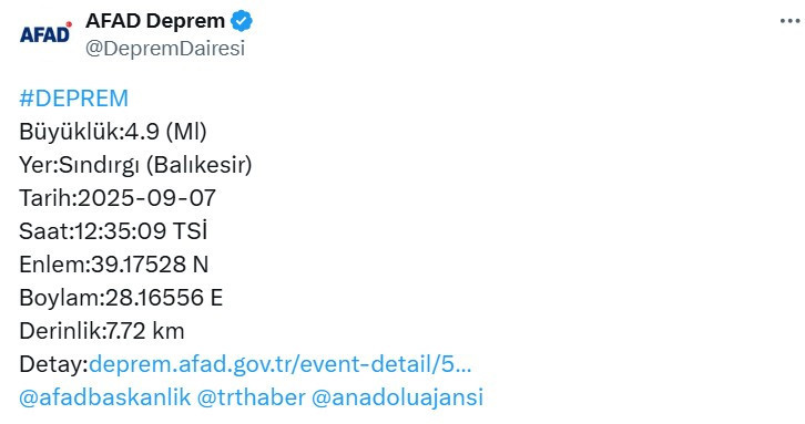 AFAD'dan yeni duyuru: Balıkesir Sındırgı'da deprem oldu!