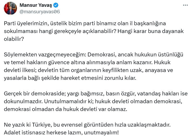 Mansur Yavaş: Demokrasi olmadan hukuk devleti var olamaz