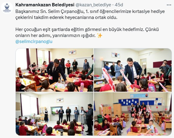 Kahramankazan Belediye Başkanı Çırpanoğlu 1. sınıf öğrencilerine kırtasiye hediye çeki dağıttı