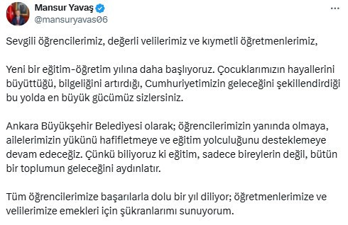 Mansur Yavaş'tan yeni eğitim öğretim yılı mesajı!