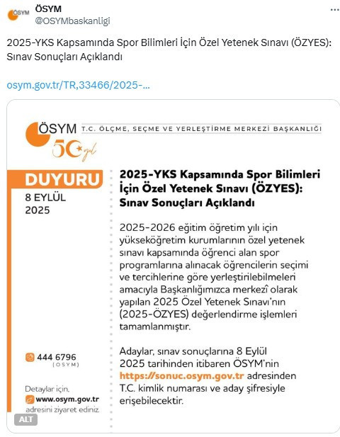 ÖSYM, 2025-ÖZYES sınav sonuçlarının açıklandığını duyurdu