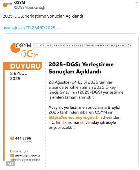 DGS yerleştirme sonuçları açıklandı: ÖSYM DGS sonuç sorgulama ekranı