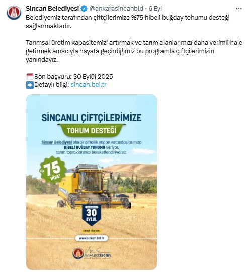 Sincanlı çiftçilere yüzde 75 hibeli tohum desteği verilecek
