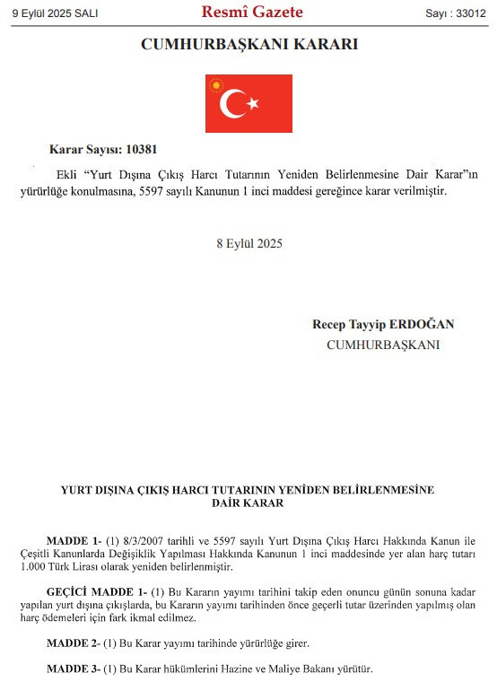 Cumhurbaşkanı Kararı ile Yurt Dışına Çıkış Harcı zamlandı