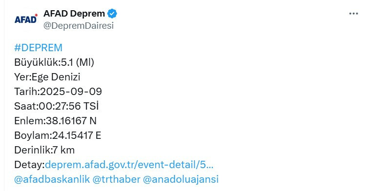 Ege Denizi sallandı! AFAD depremi 5,1 olarak duyurdu!
