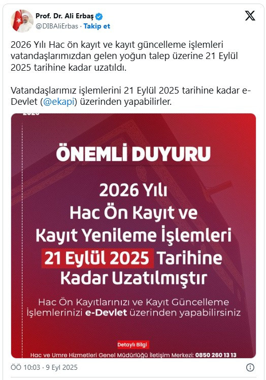 Hac ön kayıt ve kayıt yenileme tarihi 21 Eylül'e kadar uzatıldı!
